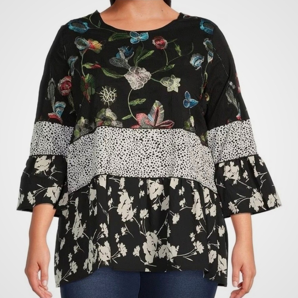 Calessa Women Mixed Media Floral Embroidery Tunic Top Black Multi 1X
